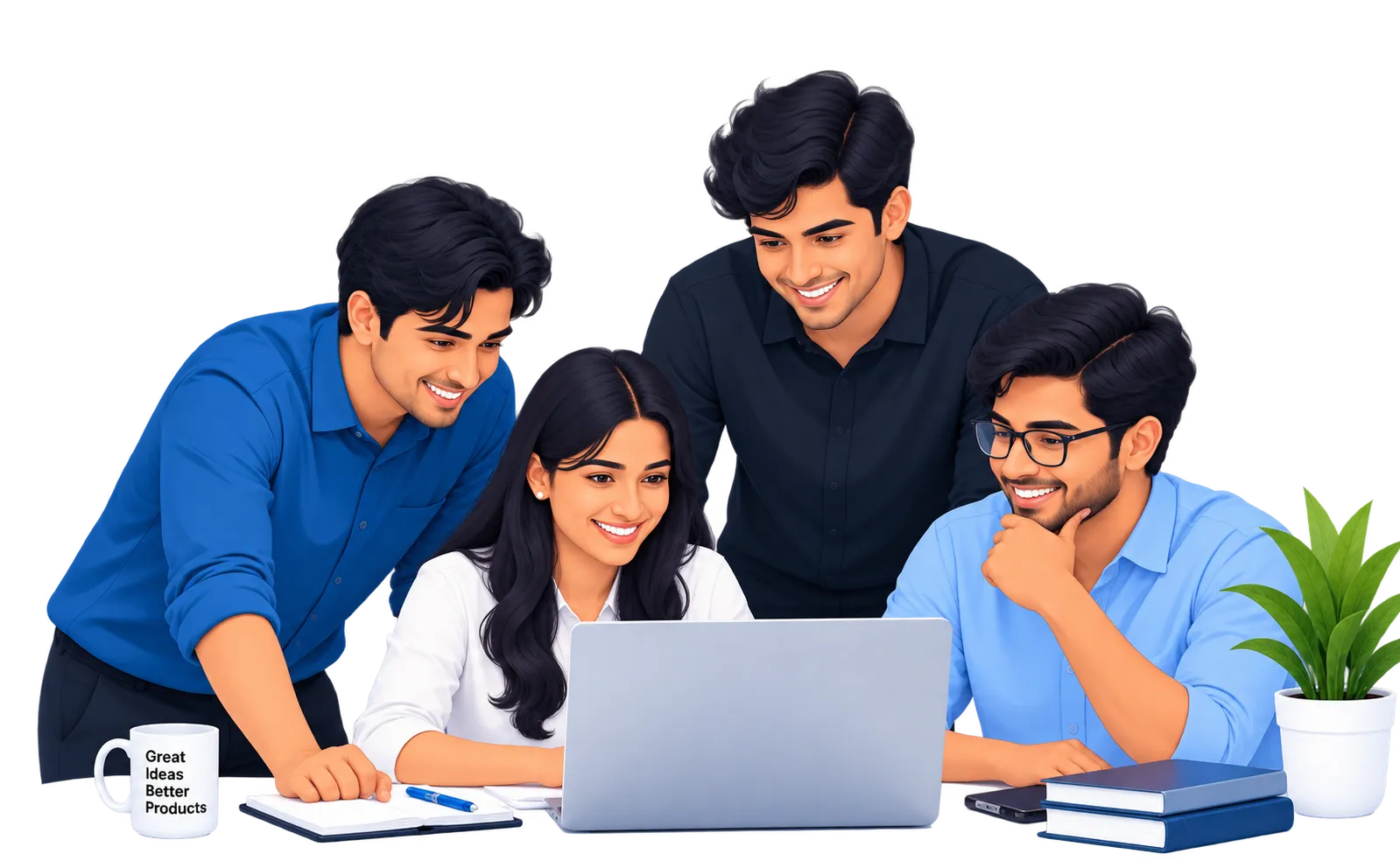 Illustration of the Creva Solutions team planning a project together around a laptop